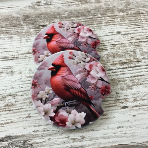Male Cardinal with Flowers Car Coasters - Set of 2 - Picture 5 of 7